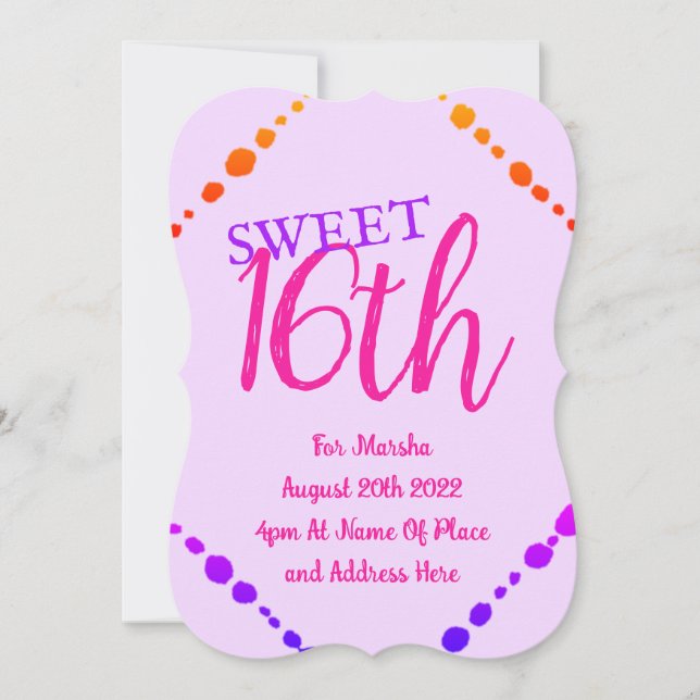 Sweet 16 Fun Dots Pink Purple Text Invitation (Front)