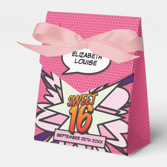 Sweet 16 Fun Girly Pink Comic Book Modern Birthday Favour Box (Front Side)