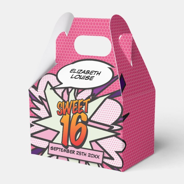 Sweet 16 Fun Girly Pink Modern Comic Book Birthday Favour Box (Front Side)