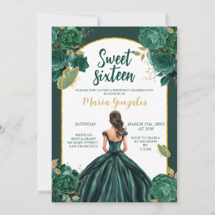 Sweet 16 Girl Floral Birthday Party Emerald Green Invitation