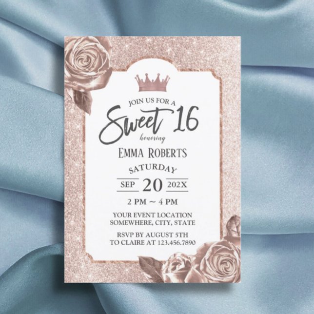 Sweet 16 Girly Blush Rose Gold Glitter Floral  Invitation (Creator Uploaded)