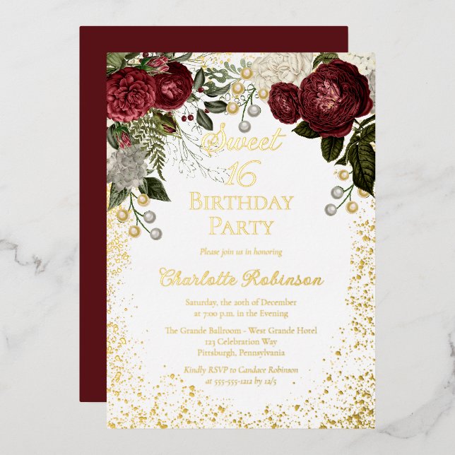 Sweet 16 Glam Burgundy Rose Floral Birthday Party (Front/Back)