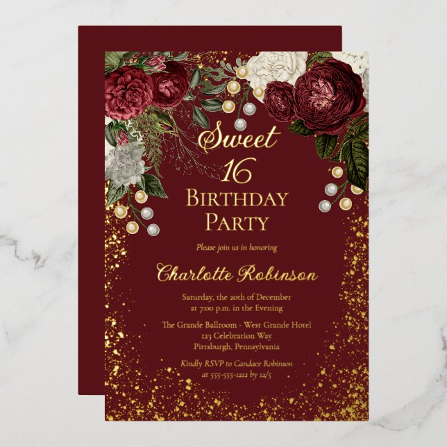 Sweet 16 Glam Burgundy Rose Floral Birthday Party (Front/Back)