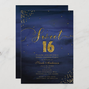 SWEET 16 Glam Modern Watercolor Blue & Gold Party Invitation