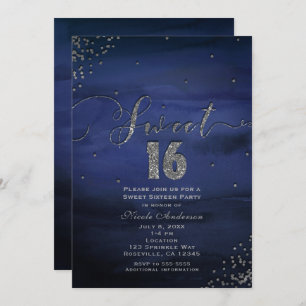 SWEET 16 Glam Modern Watercolor Blue Silver Party Invitation