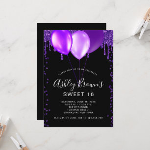 Sweet 16 Glamour Black Purple Glitter Balloons Invitation