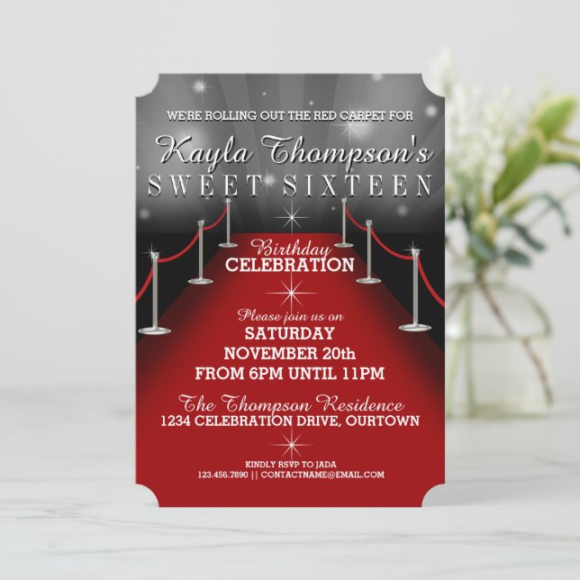 Sweet 16 Glamourous Red Carpet Party Invitations (Standing Front)