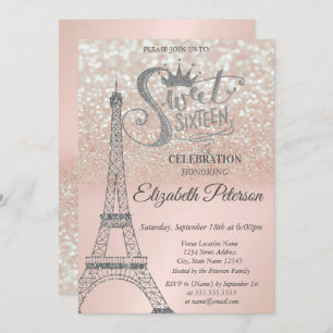 Sweet 16 Glitter Bokeh Ombre,Eiffel Tower Sweet 16 Invitation