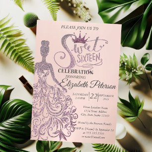 Sweet 16 Glitter Bokeh Ombre,Glitter Dress,Tiara Invitation