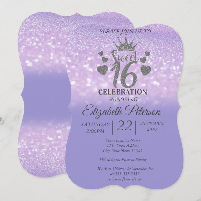 Sweet 16 Glitter Bokeh Ombre,Glitter Tiara Invitation (Front/Back)
