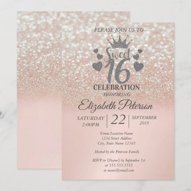 Sweet 16 Glitter Bokeh Ombre,Glitter Tiara Invitation (Front/Back)