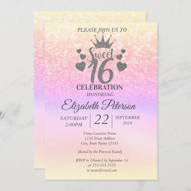 Sweet 16 Glitter Colourful Bokeh Ombre, Tiara Invitation (Front/Back)