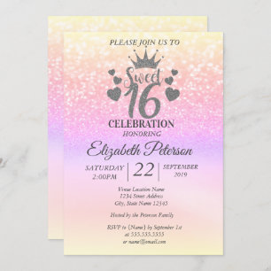 Sweet 16 Glitter Colourful Bokeh Ombre, Tiara Invitation