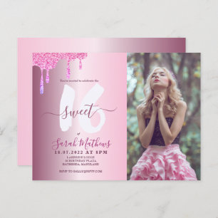 Sweet 16 Glitter Drips Blush Pink Metallic Photo  Postcard