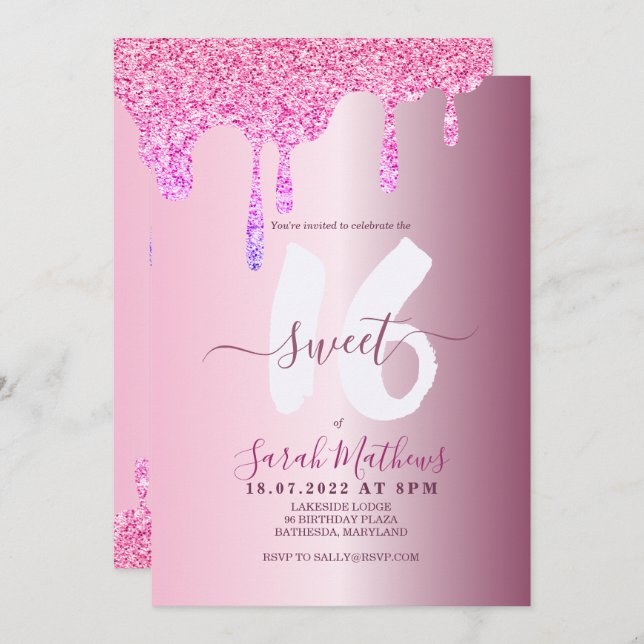 Sweet 16 Glitter Drips Pink Metallic Birthday Invi Invitation (Front/Back)