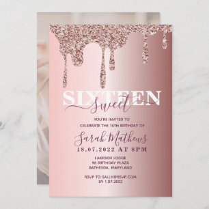 Sweet 16 Glitter Drips Rose Gold  Birthday  Invita Invitation