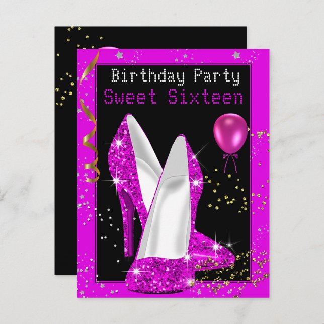 Sweet 16 Glitter Hot Pink Black Birthday Party Invitation (Front/Back)