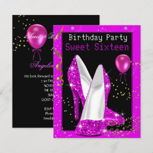 Sweet 16 Glitter Hot Pink Black Birthday Party Invitation