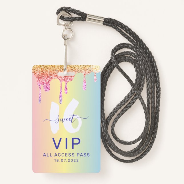 Sweet 16 Glitter Pastel Shades Birthday Invitation ID Badge (Front with Lanyard)
