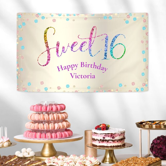 Sweet 16 Glitter Rainbow Confetti Gold Birthday Banner (Creator Uploaded)