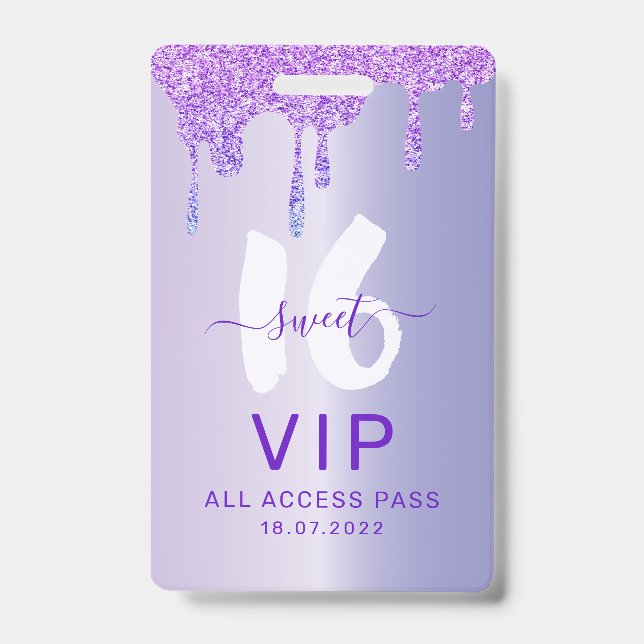 Sweet 16 Glittery Purple Drips Birthday Invitation ID Badge (Front)