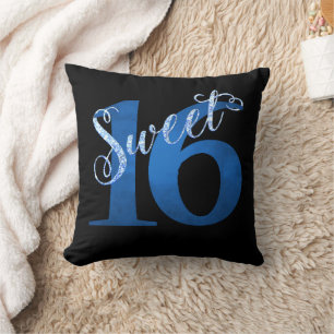 Sweet 16 Glitzy Blue Glam Typography Name Cushion