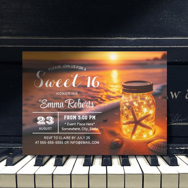 Sweet 16 Glowing Mason Jar Sunset Beach Birthday Invitation (Creator Uploaded)