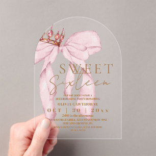  Sweet 16 Gold and Blush Pink Bow Birthday  Acrylic Invitations