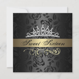 Sweet 16 Gold & Black Tiara Birthday Invitation