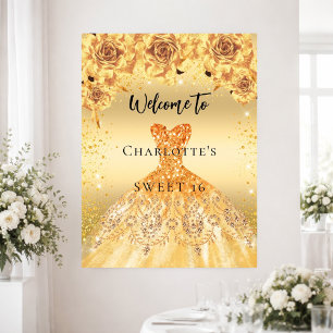 Sweet 16 gold dress roses party welcome poster