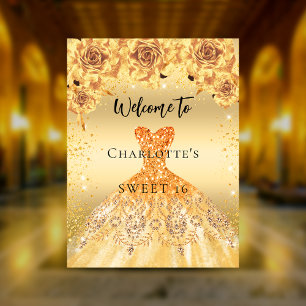 Sweet 16 gold dress roses party welcome poster