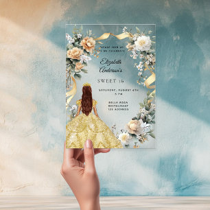 Sweet 16 gold dress yellow florals clear acrylic invitations