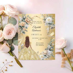 Sweet 16 gold dress yellow florals invitation
