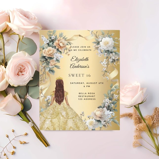 Sweet 16 gold dress yellow florals invitation (Creator Uploaded)