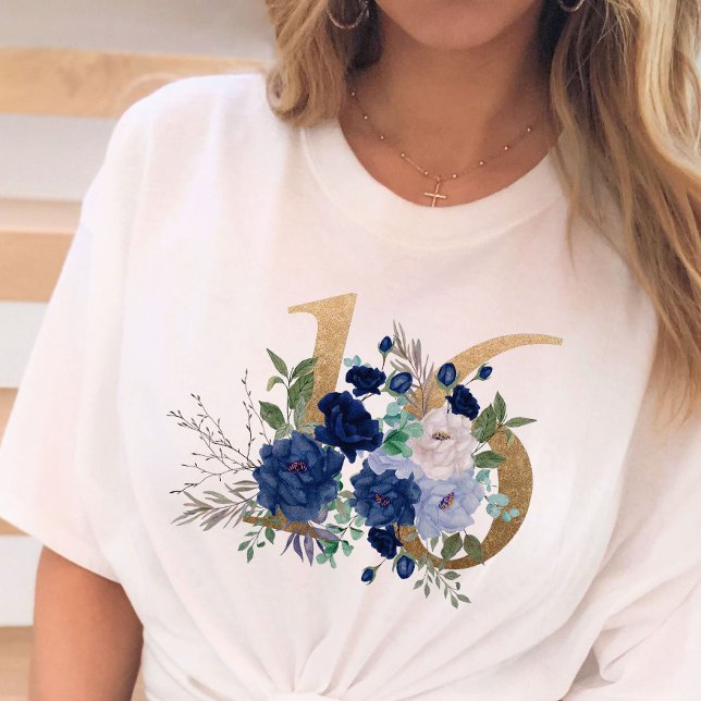 Sweet 16 Gold Floral Number 16 Blue Rose T-Shirt (Creator Uploaded)