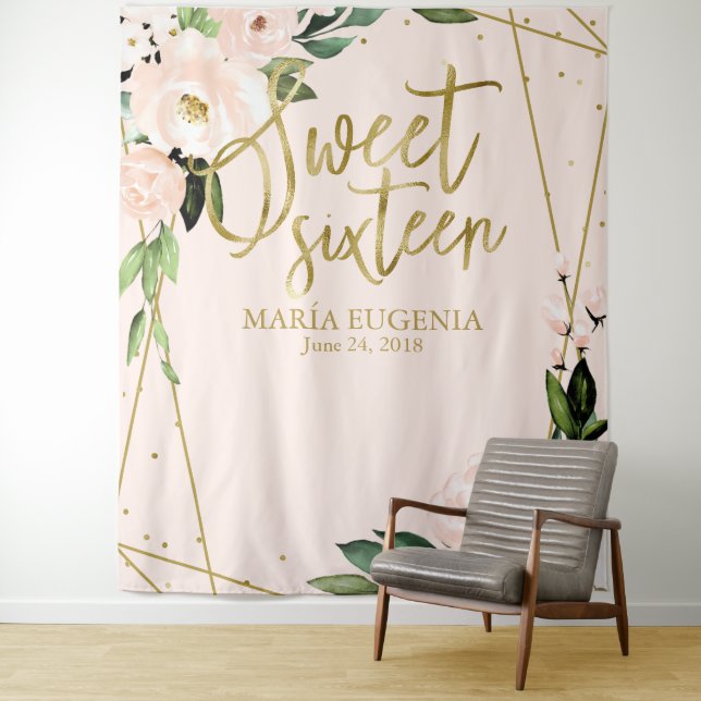 Sweet 16 Gold Foil Blush Pink Floral Backdrop Tapestry (In Situ)
