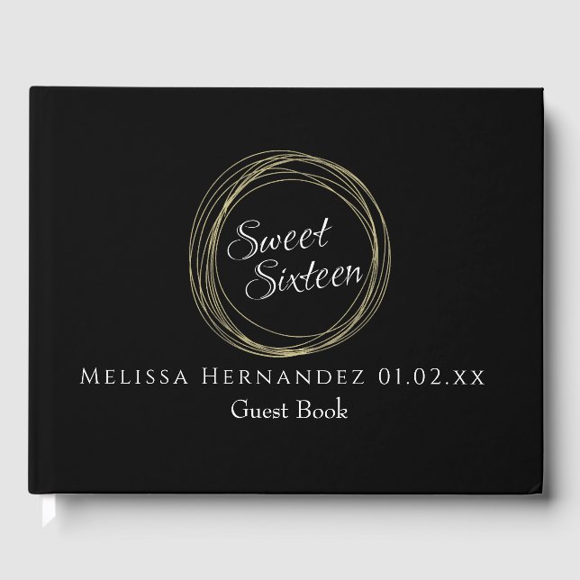 Sweet 16 Gold Foil Luxury Circular Birthday Party Guest Book (Front)
