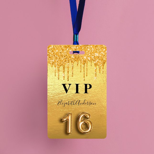 Sweet 16 gold glitter drips metallic ID badge (Creator Uploaded)