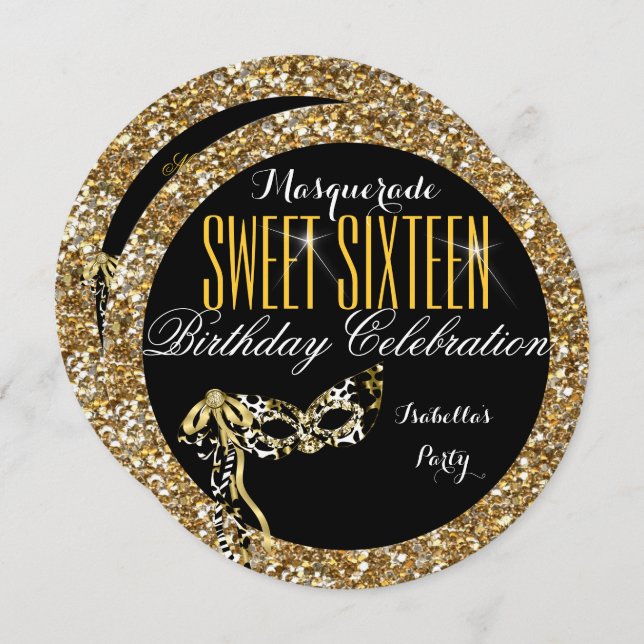 Sweet 16 Gold Glitter Mask Masquerade Birthday Invitation (Front/Back)