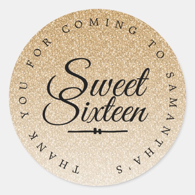 Sweet 16 Gold Glitter Ombre Thank You Custom Name Classic Round Sticker (Front)