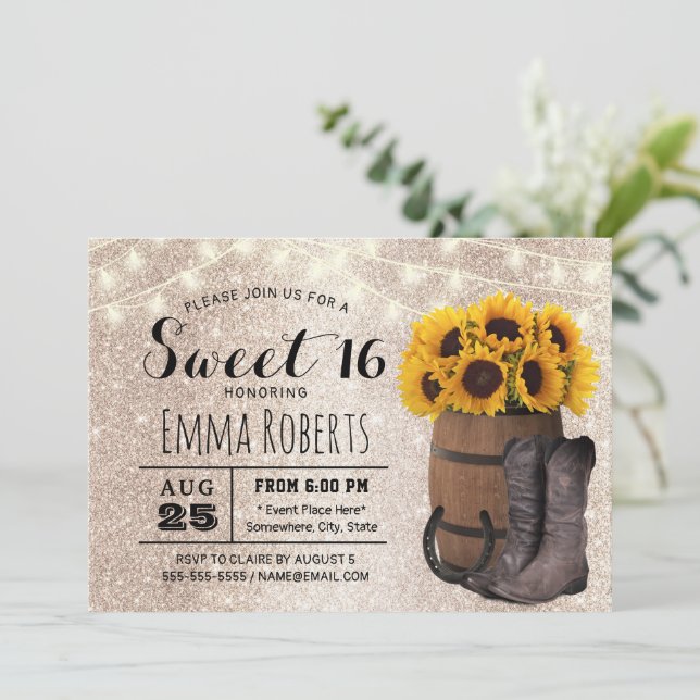 Sweet 16 Gold Glitter Sunflower Western Cowgirl Invitation (Standing Front)