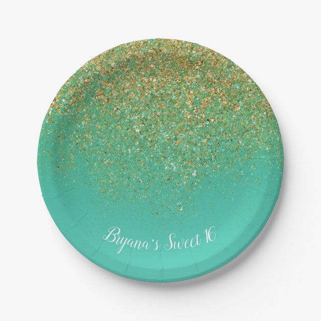 Sweet 16 Gold Glitter & Teal Birthday Party Paper Plate (Front)