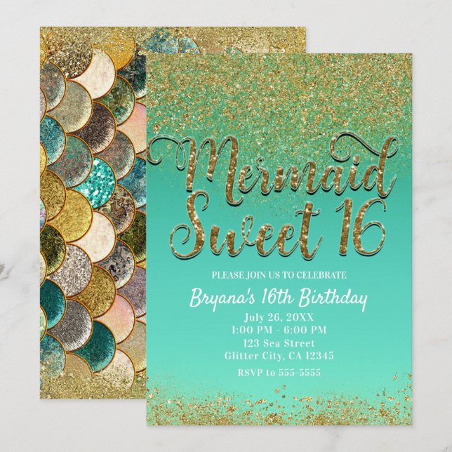 Sweet 16 Gold Glitter Teal Mermaid Birthday Party Invitation (Front/Back)