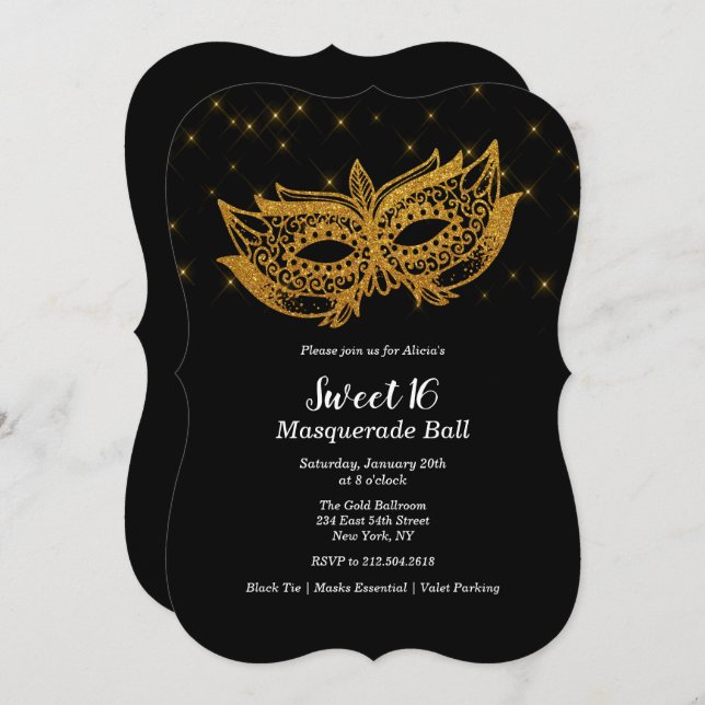 Sweet 16 Gold Mask Masquerade Invitation (Front/Back)