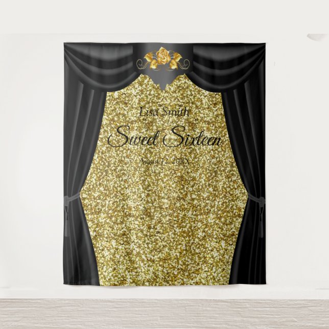 Sweet 16 Gold Rose Black Curtain Gold Glitter Tapestry (Front)