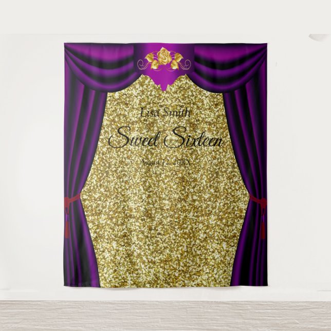 Sweet 16 Gold Rose Purple Curtain Gold Glitter Tapestry (Front)