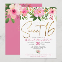 Sweet 16 Gold Script Blush Pink Floral Watercolor