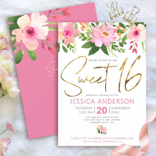 Sweet 16 Gold Script Blush Pink Floral Watercolor Invitation