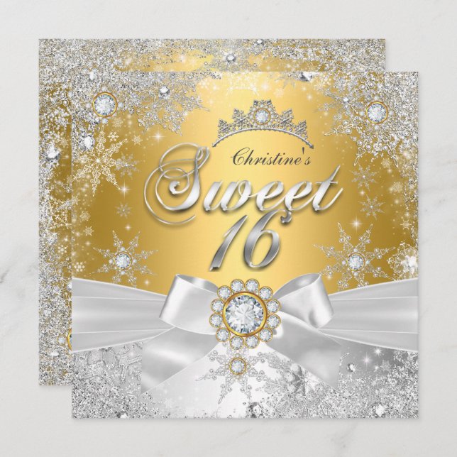 Sweet 16 Gold Silver Princess Winter Wonderland Invitation (Front/Back)