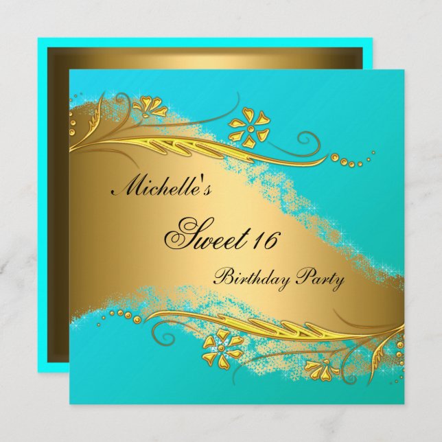 Sweet 16 Gold Teal Elegant Invitation (Front/Back)